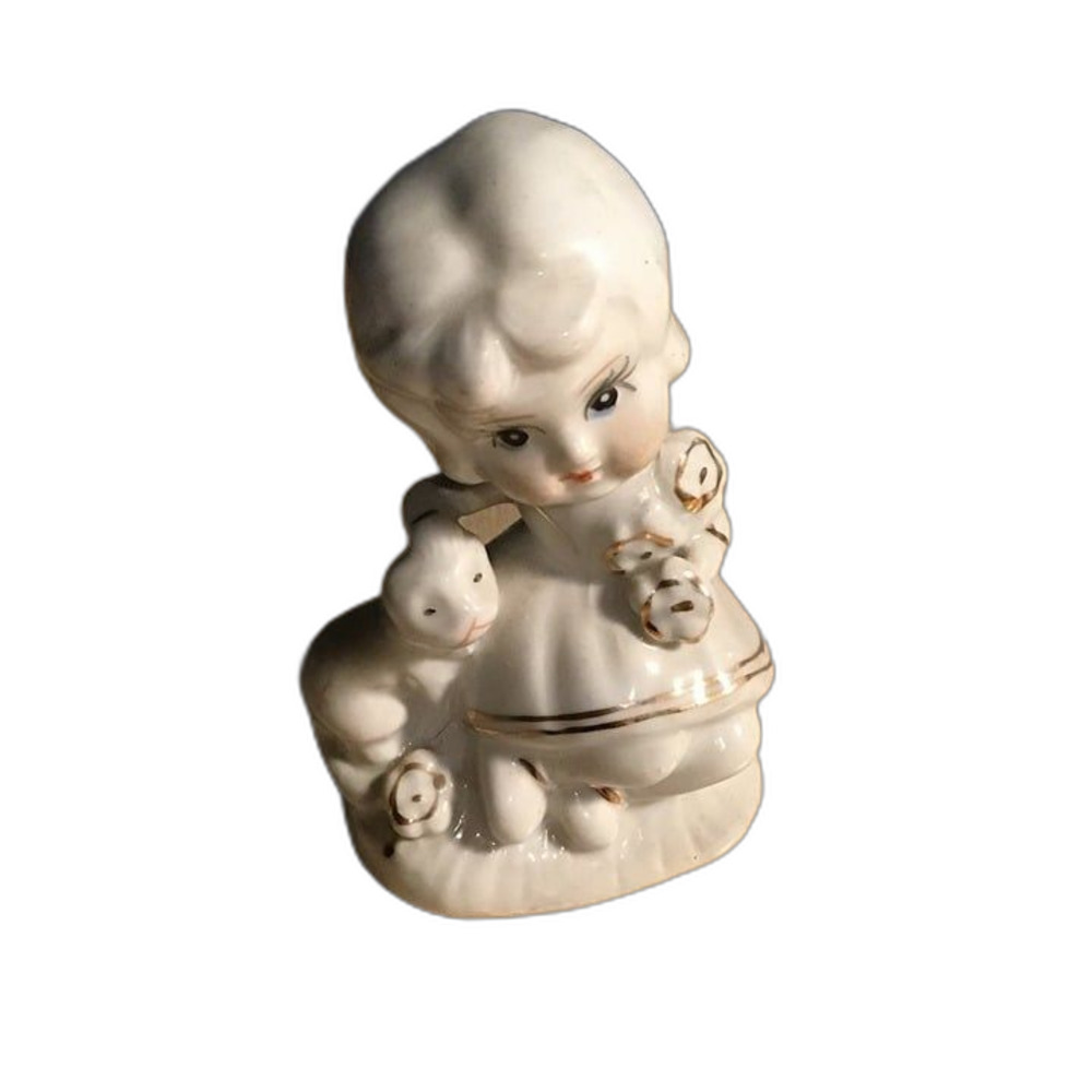 Vintage Porcelain Little Girl & Puppy Figurine - White with Gold Trim Accents